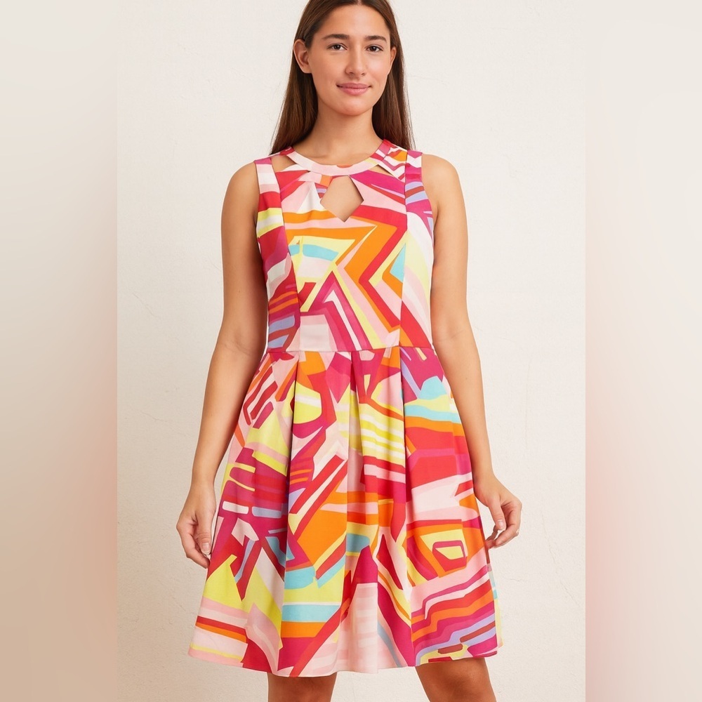 Nine West Sleeveless Fit & Flare Dress Multicolor Geometric Print Size 10